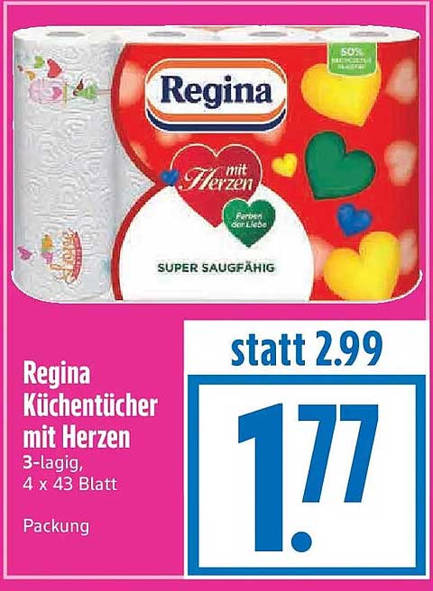 Regina Küchentücher mit Herzen 3-lagig, 4 x 43 Blatt Packung