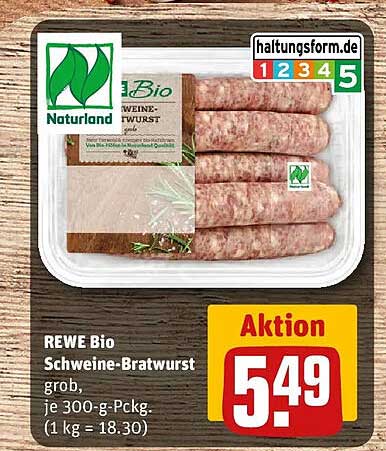 REWE Bio Schweine-Bratwurst grob, je 300-g-Pckg. (1 kg = 18.30)