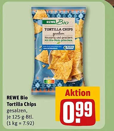 REWE Bio Tortilla Chips gesalzen, je 125-g-Btl. (1 kg = 7.92)