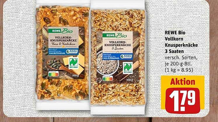 REWE Bio Vollkorn Knusperknäcke 3 Saaten versch. Sorten, je 200-g-Btl.