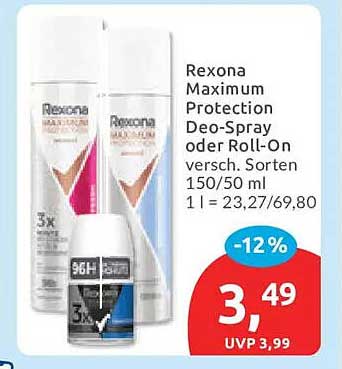 Rexona Maximum Protection Deo-Spray oder Roll-On versch. Sorten 150/50 ml 1 l = 23,27/69,80