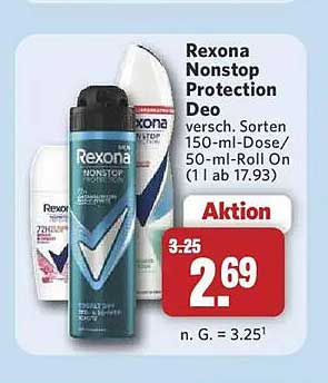 Rexona Nonstop Protection Deo versch. Sorten 150-ml-Dose/50-ml-Roll On (1 l ab 17.93)