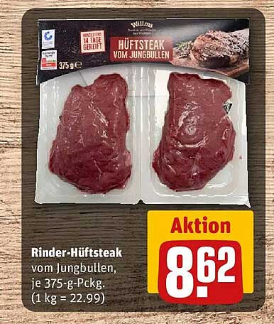 Rinder-Hüftsteak vom Jungbullen, je 375-g-Pckg. (1 kg = 22.99)