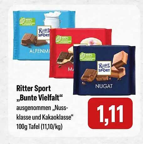 Ritter Sport „Bunte Vielfalt“ ausgenommen „Nussklasse und Kakaoklasse“ 100g Tafel (11,10/kg)