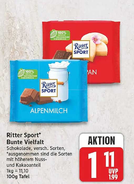 Ritter Sport* Bunte Vielfalt Schokolade, versch. Sorten, *ausgenommen sind die Sorten mit höherem Nuss- und Kakaoanteil 1kg = 11,10 100g Tafel