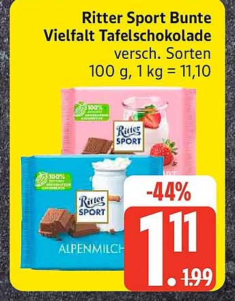 Ritter Sport Bunte Vielfalt Tafelschokolade versch. Sorten 100 g, 1 kg = 11,10