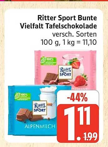 Ritter Sport Bunte Vielfalt Tafelschokolade versch. Sorten 100 g, 1 kg = 11,10