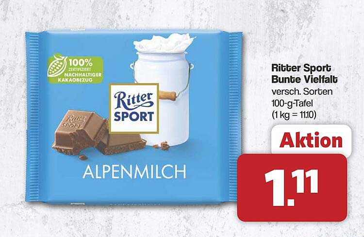 Ritter Sport Bunte Vielfalt versch. Sorten 100-g-Tafel (1 kg = 11.10)