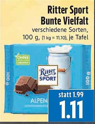 Ritter Sport Bunte Vielfalt verschiedene Sorten, 100 g, (1 kg = 11.10), je Tafel