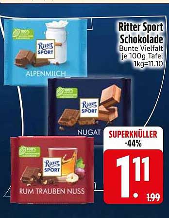 Ritter Sport Schokolade Bunte Vielfalt je 100g Tafel 1kg=11.10