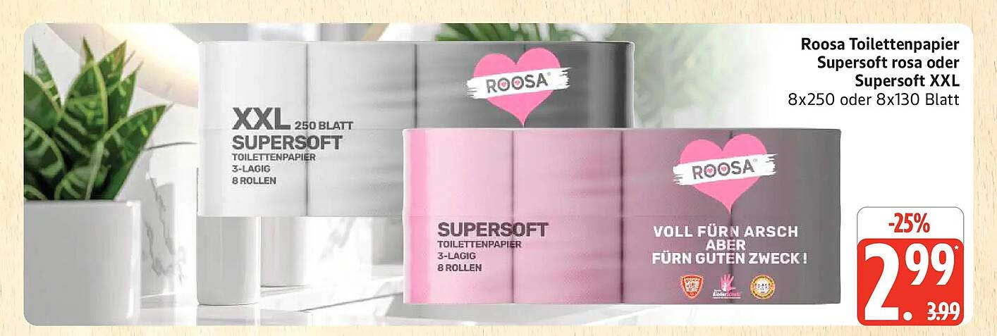 Roosa Toilettenpapier Supersoft rosa oder Supersoft XXL 8x250 oder 8x130 Blatt