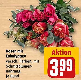 Rosen mit Eukalyptus¹ versch. Farben, mit Schnittblumennahrung, je Bund