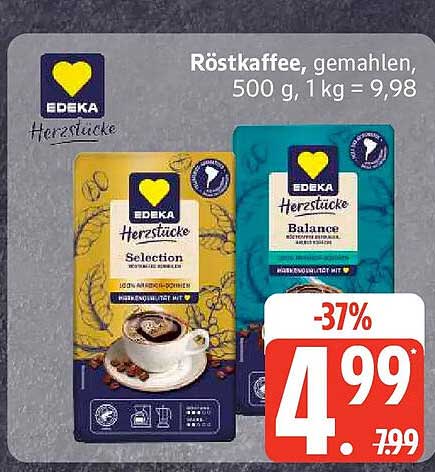 Röstkaffee, gemahlen, 500 g, 1 kg = 9,98