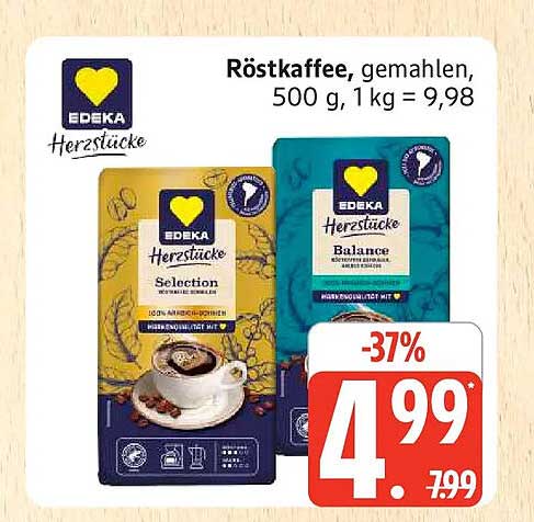 Röstkaffee, gemahlen, 500 g, 1 kg = 9,98