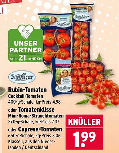 Rubin-Tomaten Cocktail-Tomaten 400-g-Schale, kg-Preis 4.98 oder Tomatenküsse Mini-Roma-Strauchtomaten 270-g-Schale, kg-Preis 7.37 oder Caprese-Tomaten 650-g-Schale, kg-Preis 3.06, Klasse I, aus den Niederlanden / Deutschland