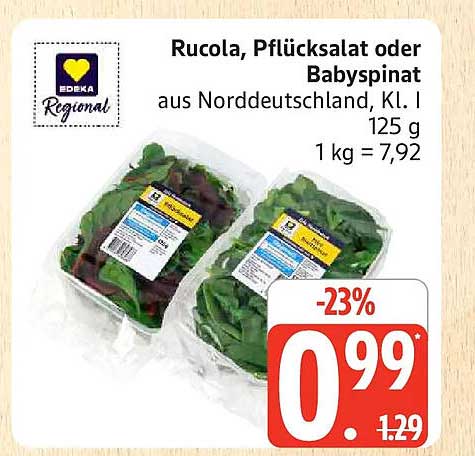Rucola, Pflücksalat oder Babypinat aus Norddeutschland, Kl. I 125 g 1 kg = 7,92