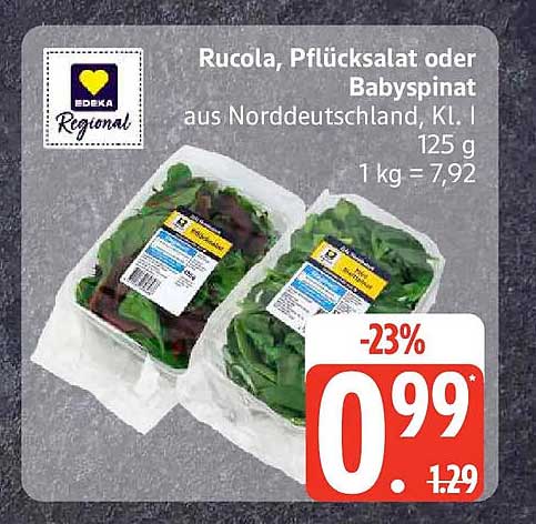 Rucola, Pflücksalat oder Babyspinat aus Norddeutschland, Kl. I, 125 g, 1 kg = 7,92
