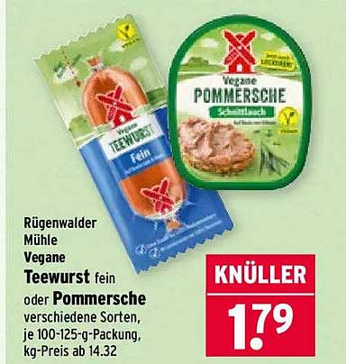 Rügenwalder Mühle Vegane Teewurst fein oder Pommersche verschiedene Sorten, je 100-125-g-Packung, kg-Preis ab 14.32