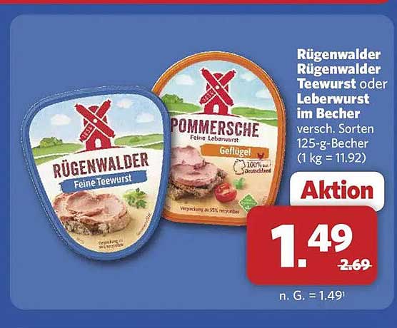Rügenwalder Rügenwalder Teewurst oder Leberwurst im Becher versch. Sorten 125-g-Becher (1 kg = 11.92)