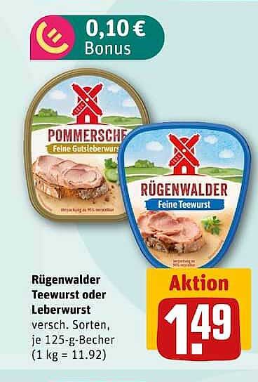 Rügenwalder Teewurst oder Leberwurst versch. Sorten, je 125-g-Becher (1 kg = 11.92)