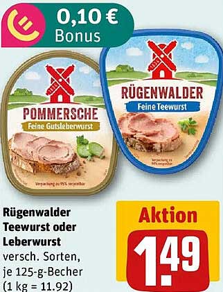 Rügenwalder Teewurst oder Leberwurst versch. Sorten, je 125-g-Becher (1 kg = 11.92)