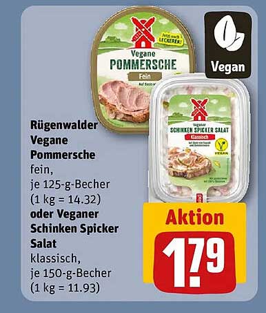 Rügenwalder Vegane Pommersche fein, je 125-g-Becher (1 kg = 14.32) oder Veganer Schinken Spicker Salat klassisch, je 150-g-Becher (1 kg = 11.93)