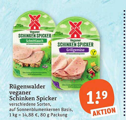 Rügenwalder veganer Schinken Spicker verschiedene Sorten, auf Sonnenblumenkernen Basis, 1 kg = 14,88 €, 80 g Packung