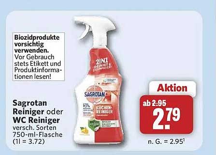 Sagrotan Reiniger oder WC Reiniger versch. Sorten 750-ml-Flasche (1 l = 3.72)