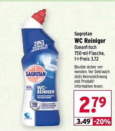 Sagrotan WC Reiniger Ozeanfrisch 750-ml-Flasche, 1-l-Preis 3,72