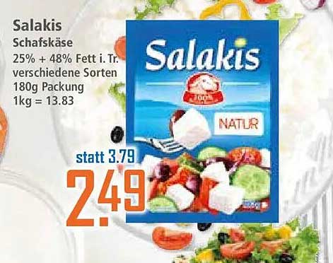 Salakis Schafskäse 25% + 48% Fett i. Tr. verschiedene Sorten 180g Packung 1kg = 13.83