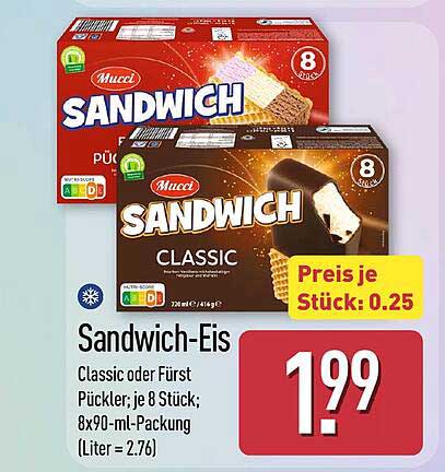 Sandwich-Eis Classic oder Fürst Pückler; je 8 Stück; 8x90-ml-Packung (Liter = 2,76)