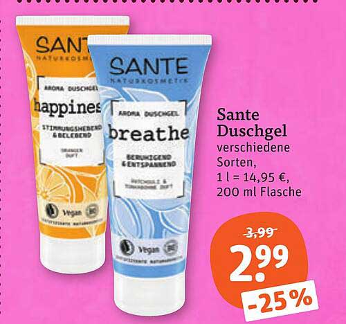 Sante Duschgel verschiedene Sorten, 1 l = 14,95 €, 200 ml Flasche