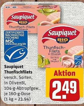Saupiquet Thunfisch-Filets versch. Sorten, in Olivenöl, 104-g-Abtropfgew. je 160-g-Dose (1 kg = 23.94)