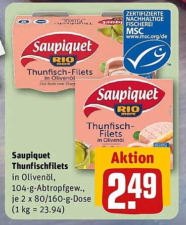 Saupiquet Thunfischfilets in Olivenöl, 104-g-Abtropfgew., je 2 x 80/160-g-Dose (1 kg = 23.94)