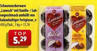 Schaumzuckerware „Lanesch“ mit Vanille-/Sahnegeschmack umhüllt von kakaohaltiger Fettglasur, 450 g Pack.