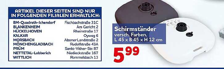 Schirmständer versch. Farben, L 45 x B 45 x H 12 cm