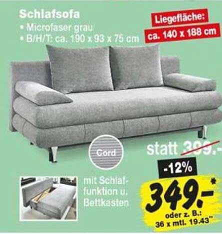 Schlafsofa • Microfaser grau • B/H/T: ca. 190 x 93 x 75 cm • Liegefläche: ca. 140 x 188 cm • mit Schlaffunktion u. Bettkasten