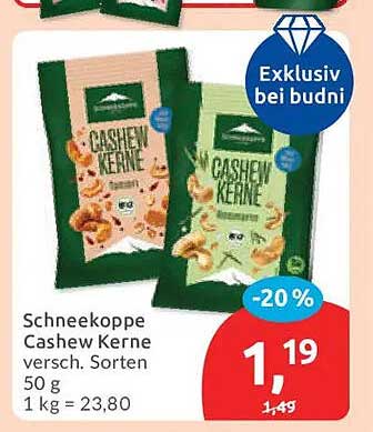 Schneekoppe Cashew Kerne versch. Sorten 50 g 1 kg = 23,80