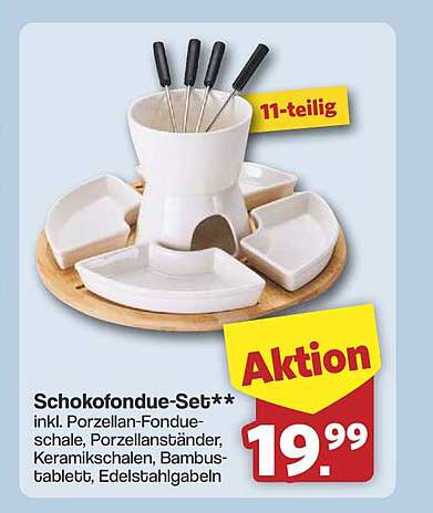 Schokofondue-Set** inkl. Porzellan-Fondue-schale, Porzellanständer, Keramikschalen, Bambustablett, Edelstahlgabeln
