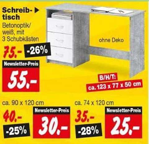 Schreib-tisch Betonoptik/weiß, mit 3 Schubkästen
