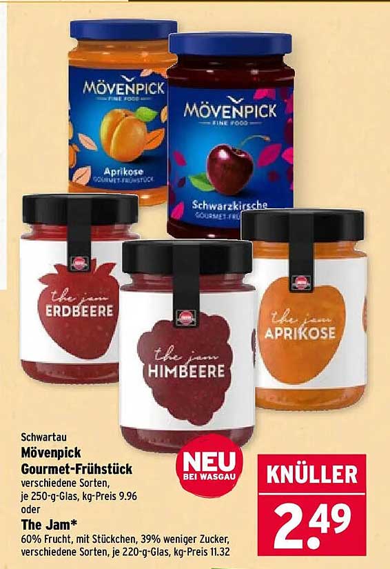 Schwartau Mövenpick Gourmet-Frühstück verschiedene Sorten, je 220-g-Glas, kg-Preis 9.96 oder The Jam* 60% Frucht, mit Stückchen, 39% weniger Zucker, verschiedene Sorten, je 220-g-Glas, kg-Preis 11.32