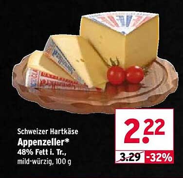 Schweizer Hartkäse Appenzeller* 48% Fett i. Tr., mild-würzig, 100 g