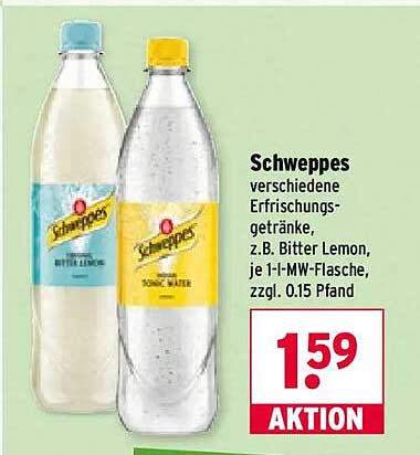Schweppes verschiedene Erfrischungsgetränke, z.B. Bitter Lemon, je 1-L-MW-Flasche, zzgl. 0.15 Pfand