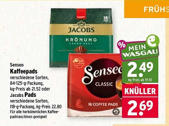 Senseo Kaffeepads verschiedene Sorten, 84-125-g-Packung, kg-Preis ab 21.52 oder Jacobs Pads verschiedene Sorten, 118-g-Packung, kg-Preis 22.80, für alle herkömmlichen Kaffeemaschinen geeignet