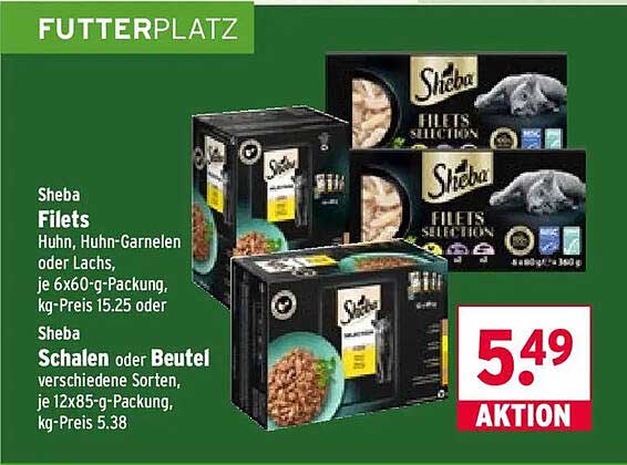 Sheba Filets Huhn, Huhn-Garnelen oder Lachs, je 6x60-g-Packung, kg-Preis 15.25 oder Sheba Schalen oder Beutel verschiedene Sorten, je 12x85-g-Packung, kg-Preis 5.38