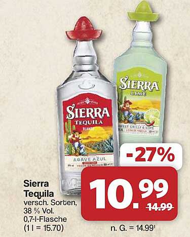 Sierra Tequila versch. Sorten, 38 % Vol. 0,7-l-Flasche (1 l = 15.70)