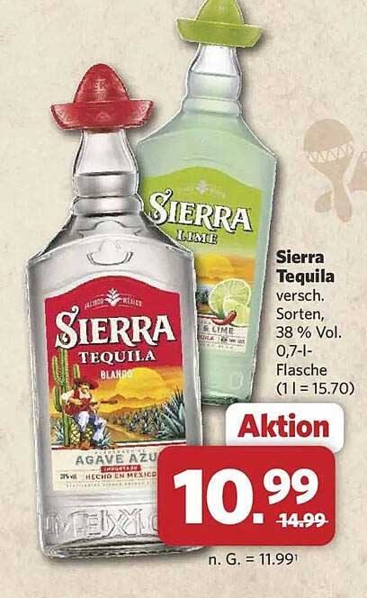Sierra Tequila versch. Sorten, 38 % Vol. 0,7-l-Flasche (1 l = 15.70)