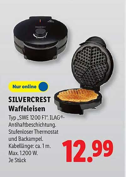 SILVERCREST Waffeleisen Typ „SWED 1200 F1“: ILAG®-Antihaftbeschichtung, Stufenloser Thermostat und Backampel, Kabellänge: ca. 1 m, Max. 1.200 W, Je Stück