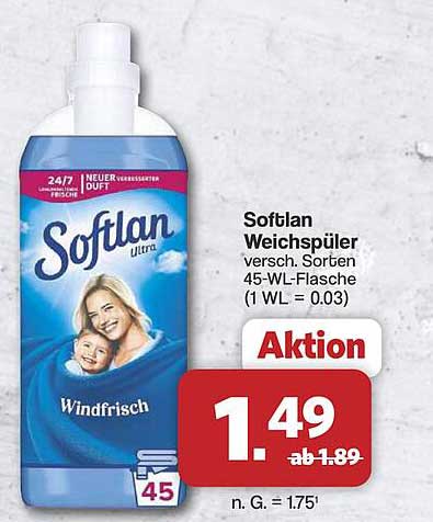Softlan Weichspüler versch. Sorten 45-WL-Flasche (1 WL = 0.03)