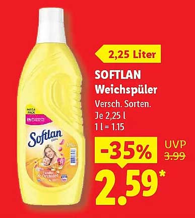SOFTLAN Weichspüler Versch. Sorten. Je 2,25 l 1 l = 1,15